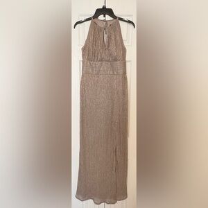 R&M Richards Metallic Taupe Halter Maxi Dress